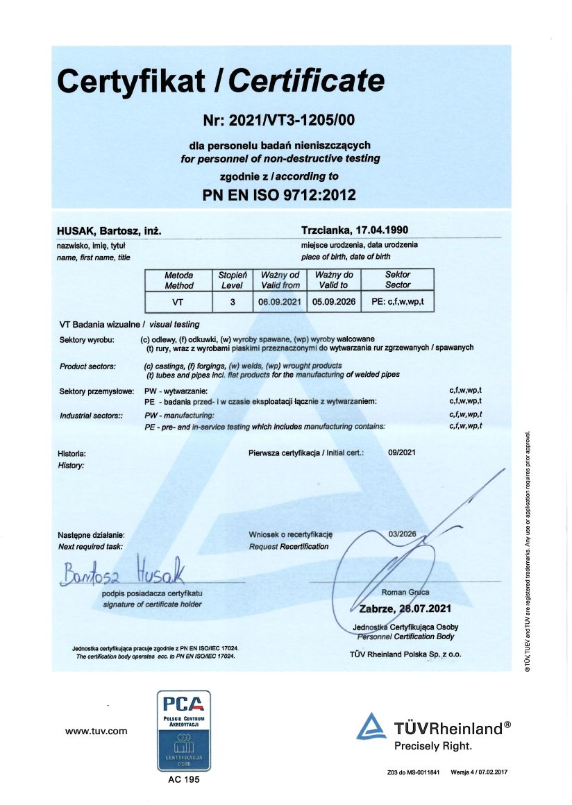 Certyfikat kompetencji wydany przez jednostkę certyfikującą Tuv Rheinland z metody badań wizualnych (VT). Certyfikat w najwyższym stopniu III zgodnie z PN EN ISO 9712. Certyfikat dla Bartosz Husak h-control NDT. Wykonywanie badania, ocena badania, nadzór nad badaniami. Multisektor - wytwarzanie, eksploatacja.