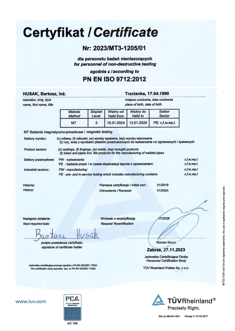 Certyfikat kompetencji wydany przez jednostkę certyfikującą Tuv Rheinland z metody badań magnetyczno-proszkowych (MT). Certyfikat w najwyższym stopniu III zgodnie z PN EN ISO 9712. Certyfikat dla Bartosz Husak h-control NDT. Wykonywanie badania, ocena badania, nadzór nad badaniami. Multisektor - wytwarzanie, eksploatacja.